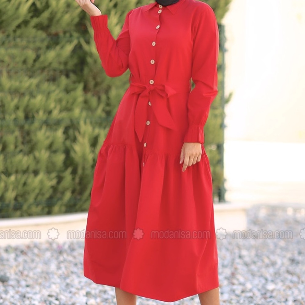 Long red dress with buttons